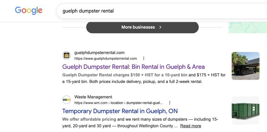 Google search results for "Guelph dumpster rental" showing GuelphDumpsterRental.com as the number one organic Google result
