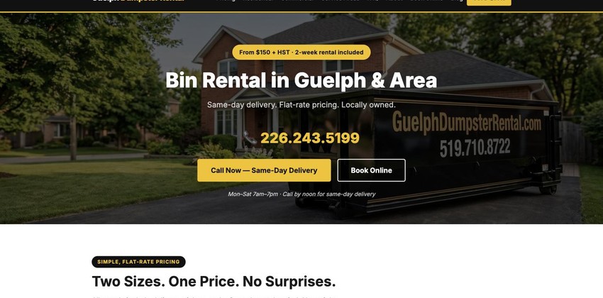 Homepage of GuelphDumpsterRental.com showing the bin rental hero section, phone number, and booking call-to-action